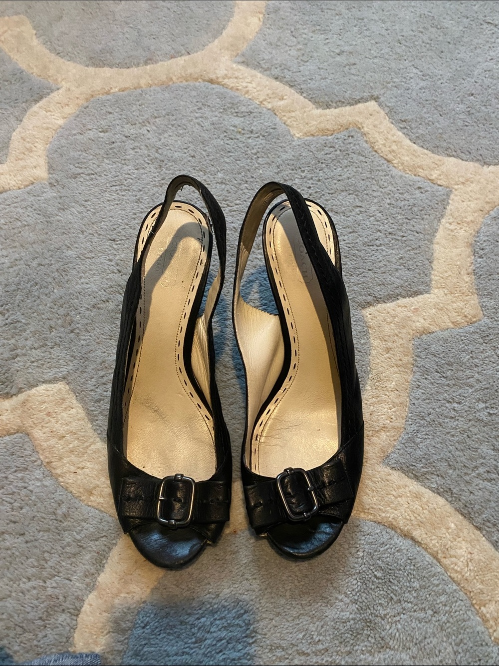 Coach Black Peep-Toe Slingback Wedges with Buckle